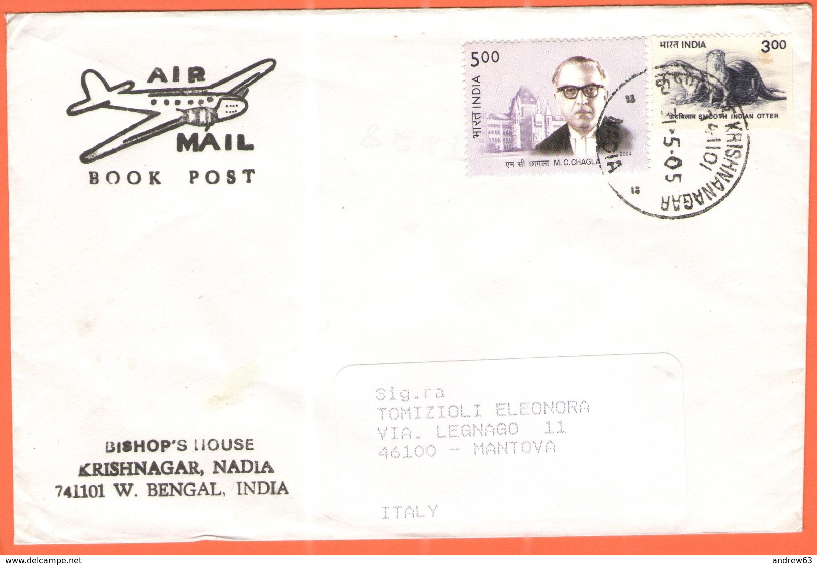 INDIA - 2005 - 5 M.C. Chagla + 6 Smooth Indian Otter - Airmail - Book Post - Viaggiata Da Krishnanagar Per Mantova - Storia Postale