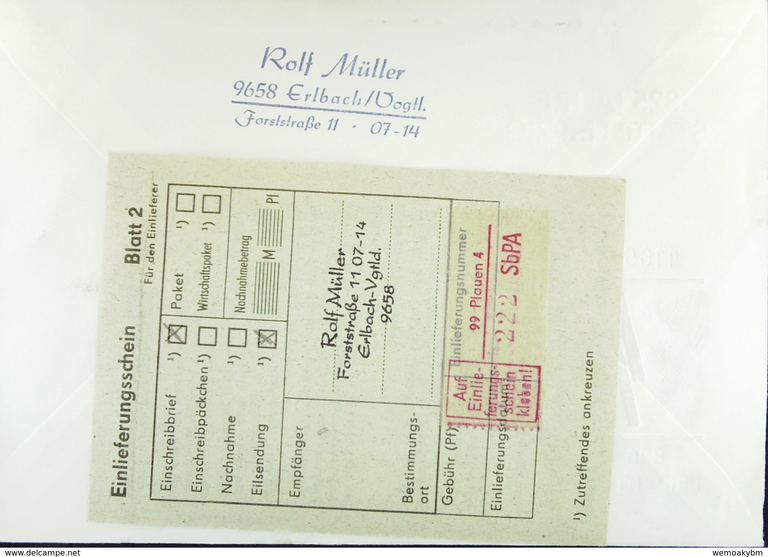 DDR: R-Eil-Fern-Bf 70 Pf Karl-Marx-Jahr 1983, SbPA-R-Zettel 2, 99 Plauen 4 (222) 25.6.90 Knr: 2787 - Etiquetas De Certificado