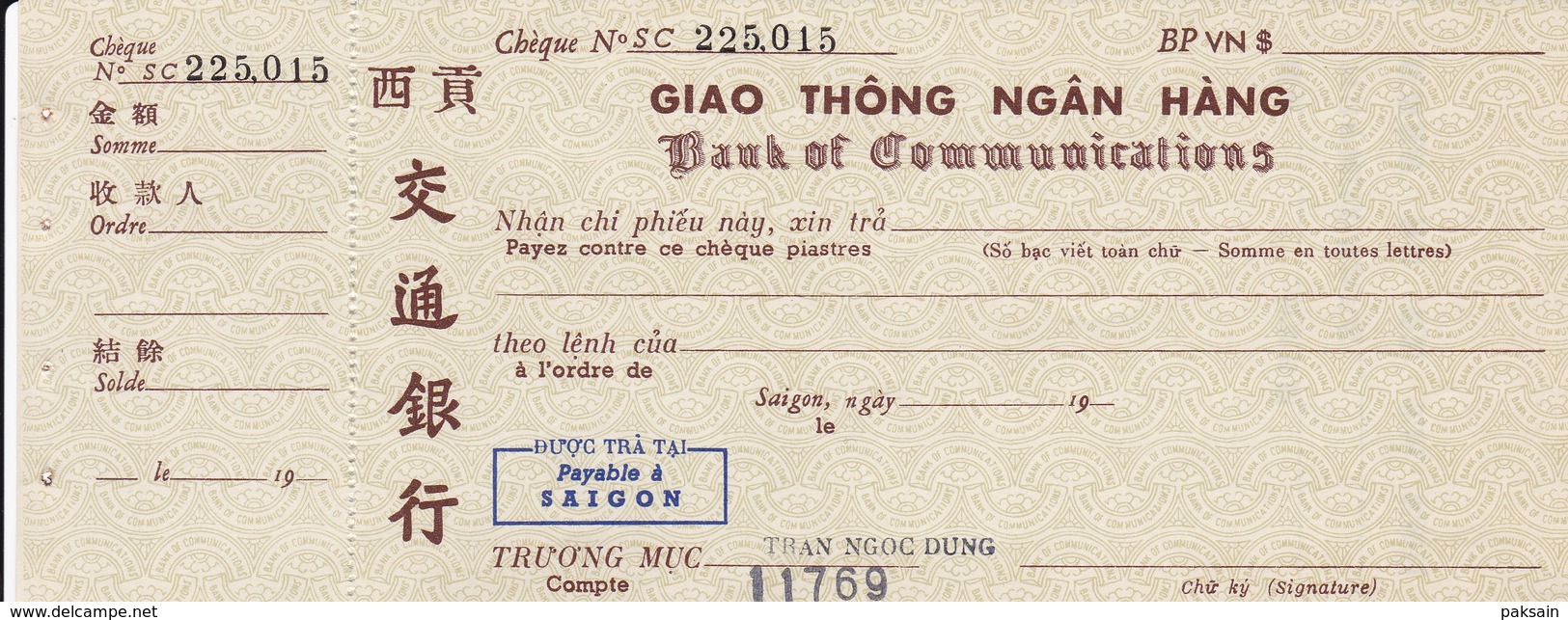 Saigon 3 Chèques 1960 Banque Franco-Chinoise Crédit Commercial Du Vietnam Indochine Chine Chèque Cheque Asie - Chèques & Chèques De Voyage