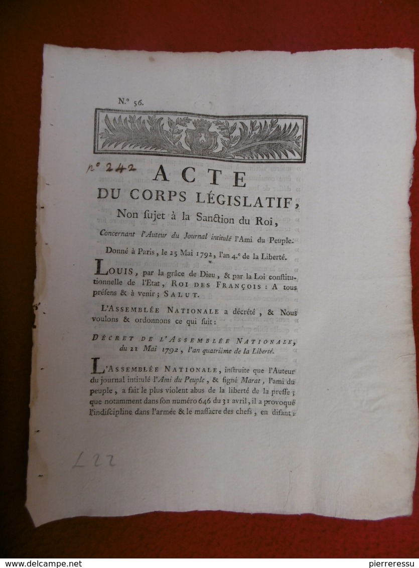 MARAT AUTEUR DU JOURNAL AMI DU ROI ACTE DU CORPS LEGISLATIF SANCTION DU ROI  1792 - Historische Dokumente
