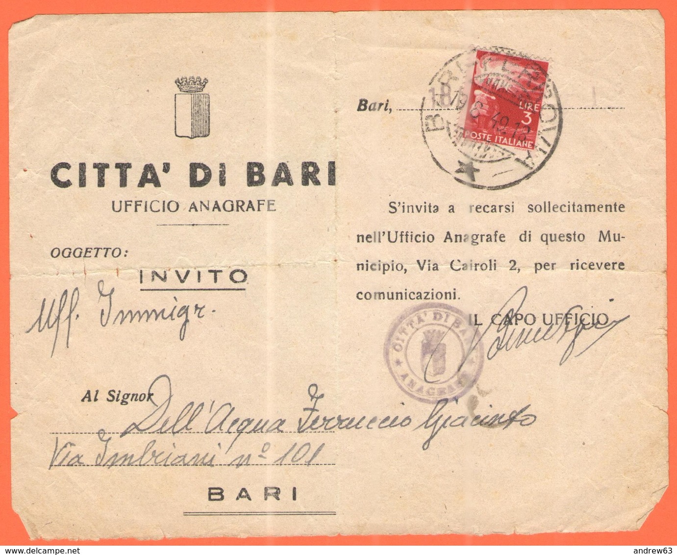 ITALIA - ITALY - ITALIE - 1949 - 3 Democratica - Isolato - Comune Di Bari, Invito Manoscritto - Viaggiata Da Bari Per Ba - 1946-60: Storia Postale