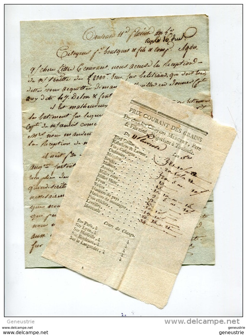 Lot Beau Document + LAC Agde 1797 "Prix Courant Grains à Toulouse, Le 11 Pluviose An 5" Et Son Courrier - ... - 1799