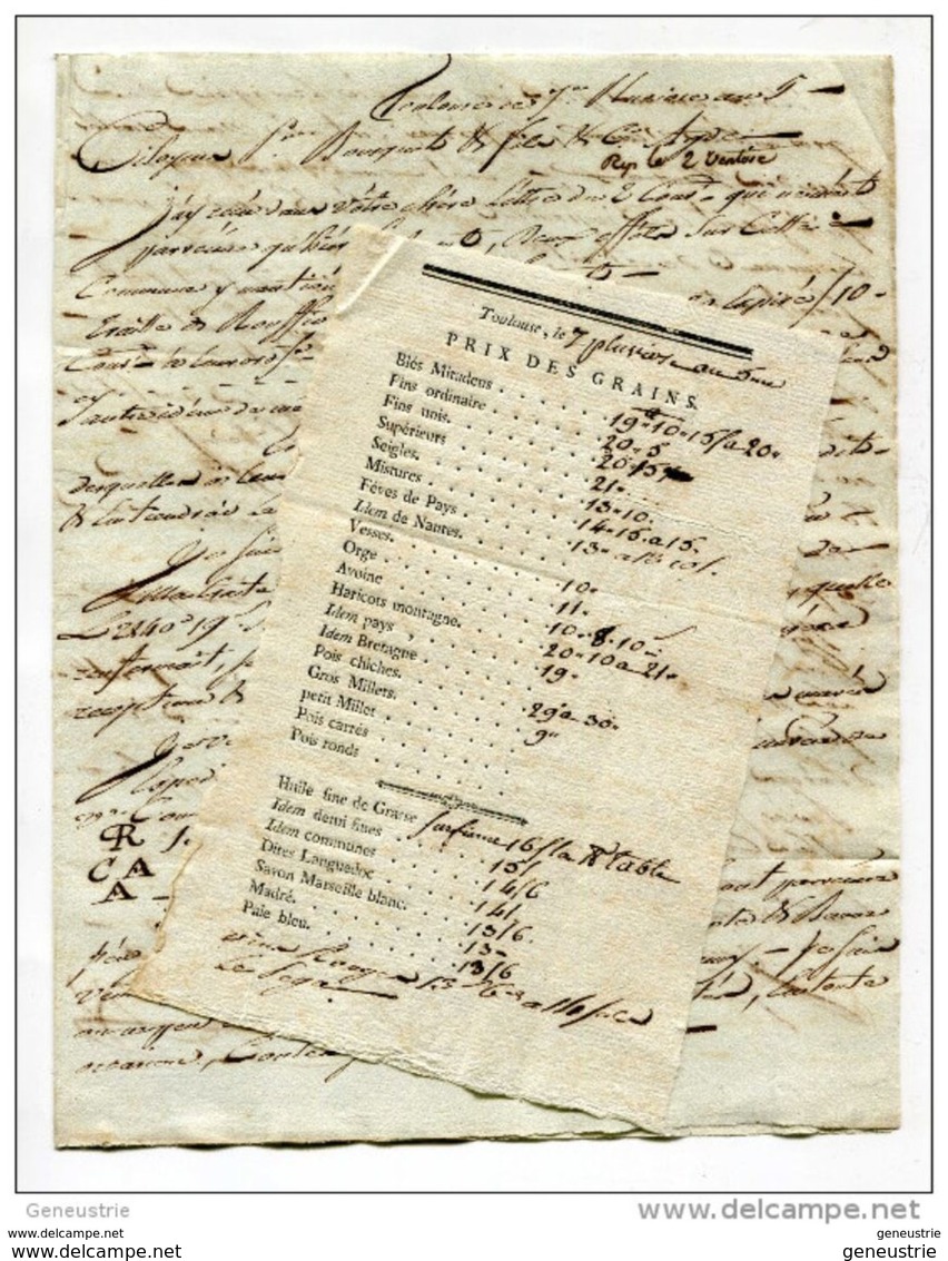 Lot Beau Document XVIIIe + LAC Agde 1797 "Prix Courant Des Grains à Toulouse, Le 7 Pluviose An 5" Et Son Courrier - ... - 1799