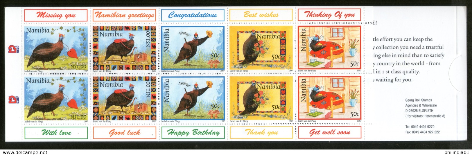 Namibia 1997 Greeting Helmeted Guineafowl Hen Birds Sc 845a Stamp Booklet # 5021 - Namibia (1990- ...)