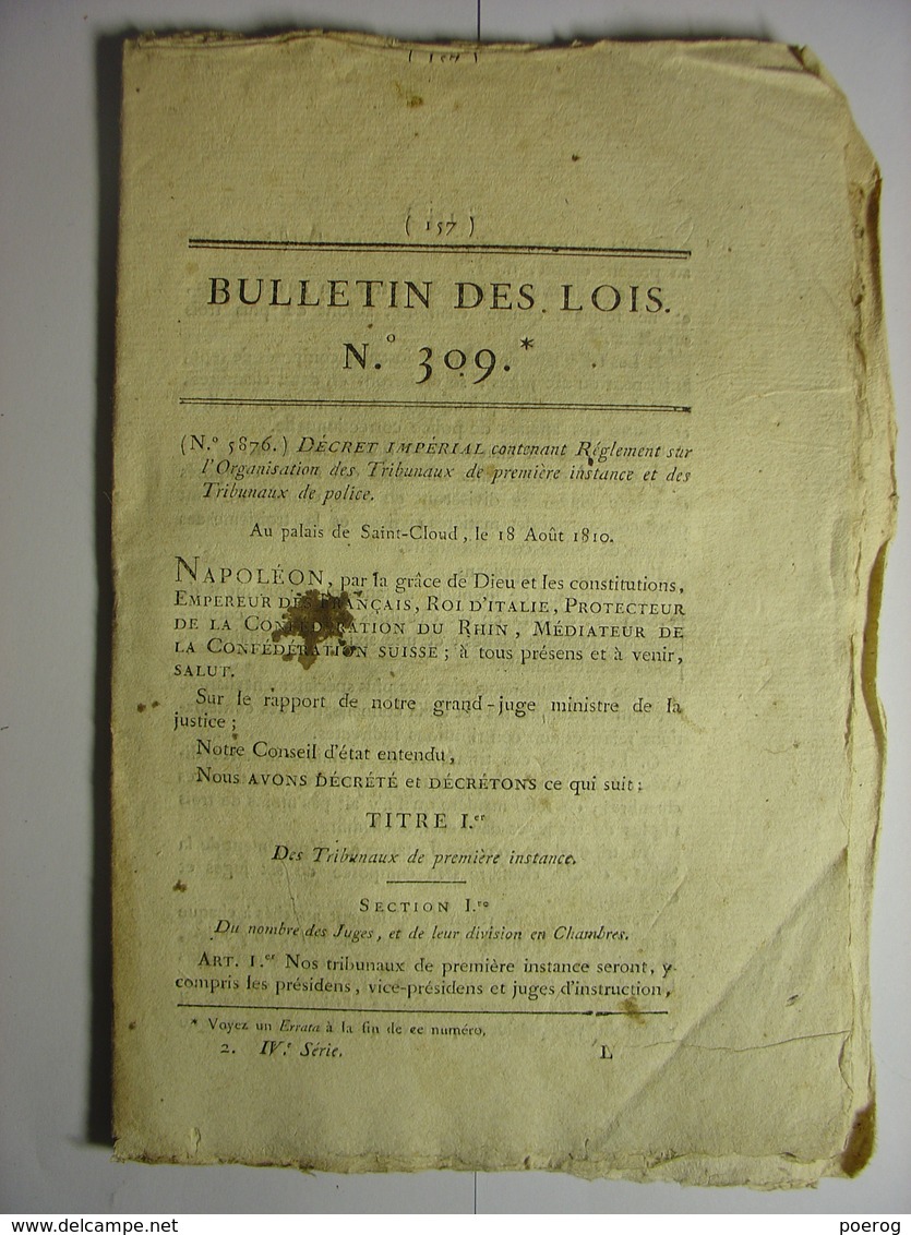 BULLETIN DES LOIS De 1810 - REGLEMENT SUR L' ORGANISATION DES TRIBUNAUX DE PREMIERE INSTANCE ET DES TRIBUNAUX DE POLICE - Decrees & Laws