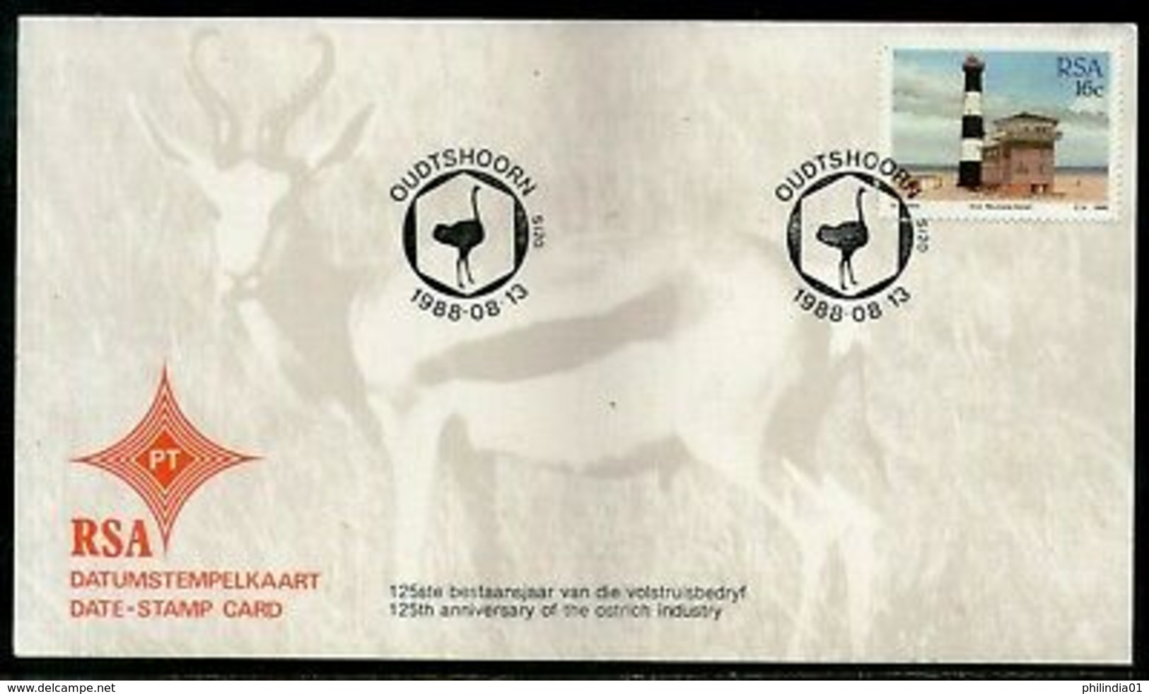 South Africa 1988 Ostrich Industry Anni. Birds Lighthouse Date Stamp Card #16530 - Autruches