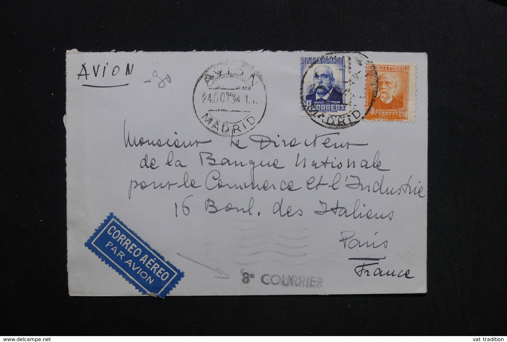 ESPAGNE - Enveloppe De Madrid Par Avion Pour Paris En 1934 , Griffe " 3 ème Courrier " - L 28750 - Lettres & Documents