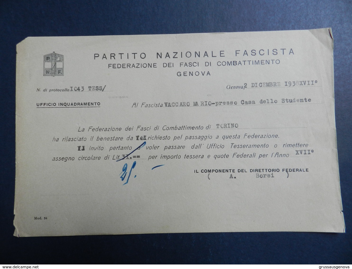 19932) FASCISMO PARTITO NAZIONALE FASCISTA FASCI COMBATTIMENTO GENOVA CASA STUDENTE 1938 - Documenti Storici