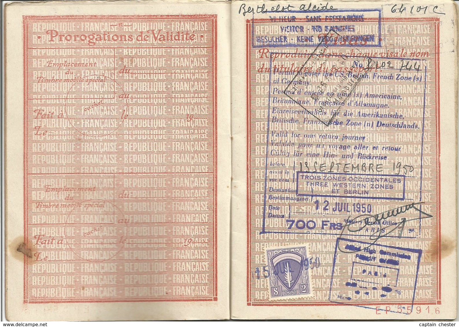 Passeport Français 1950 - Timbres Fiscaux - Visas Allemagne ( 3 Zones Et Berlin ) - Historical Documents