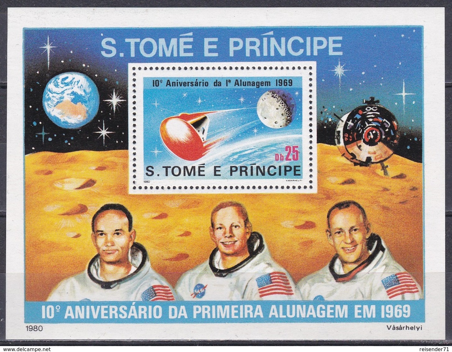 Sao Tome Und Principe 1980 Weltraum Weltall Raumfahrt Space Mondlandung Moonlanding Raumkapsel Armstrong, Bl. 45 ** - São Tomé Und Príncipe
