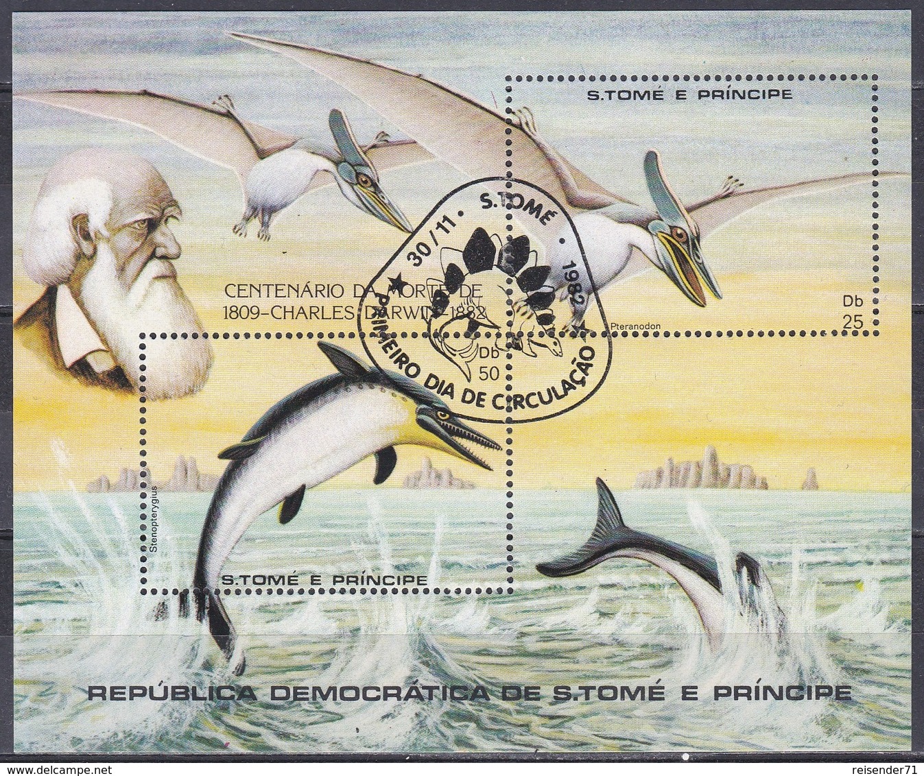 Sao Tome Und Principe 1982 Prähistorische Tiere Fauna Animals Saurier Saurian Pteranodon Stenopterygius, Bl. 98 Gest. - São Tomé Und Príncipe