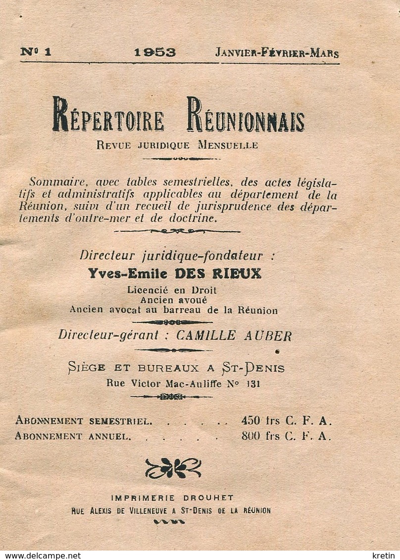 Ile De La REUNION  -  REPERTOIRE REUNIONNAIS - Revue Juridique Mensuelle (Im 755) - Outre-Mer
