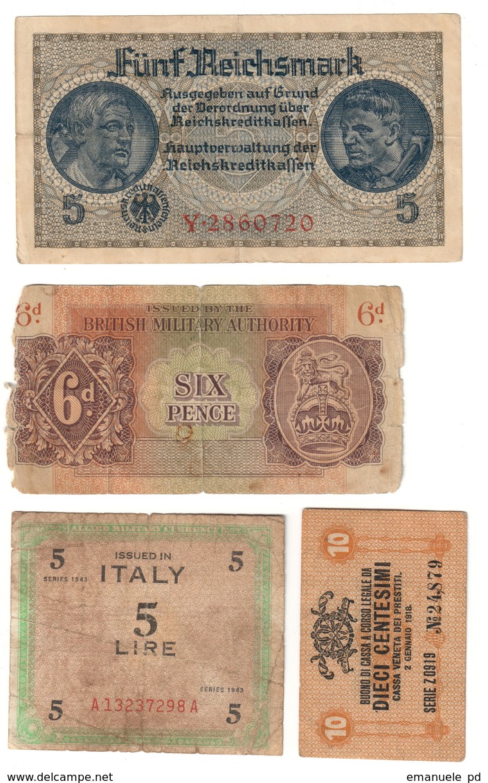 Occupazioni Estere In Italia Lotto 4 Banconote / Foreign Occupations In Italy Lot 4 Banknotes .L. - Collections