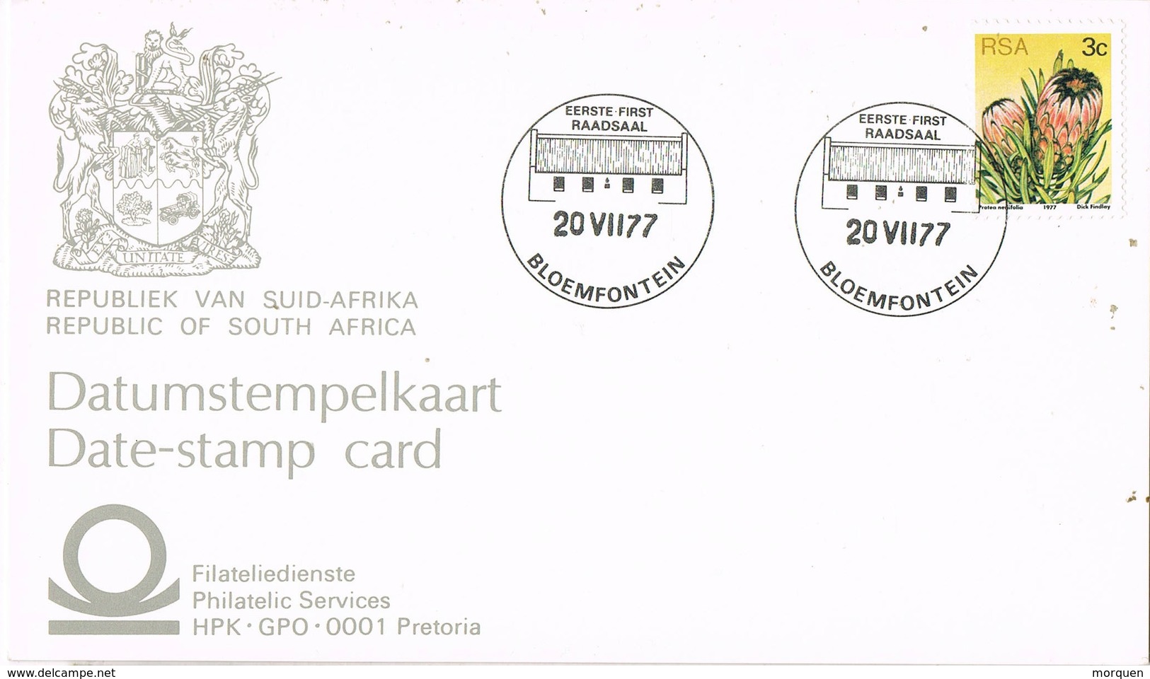 32602. Tarjeta BLOEMFONTEIN (Rep. South Africa) 1977. Vegetal Protea - Cartas & Documentos