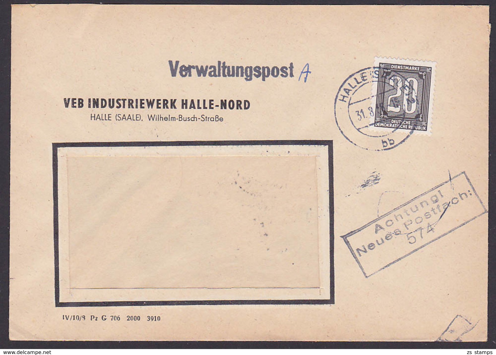 ZKD-Brief B3 Brief  Verwaltunspost A VEB Industriewerk Halle-Nord Zentraler Kurierdient Der DDR, Neues Postfach 574 - Autres & Non Classés