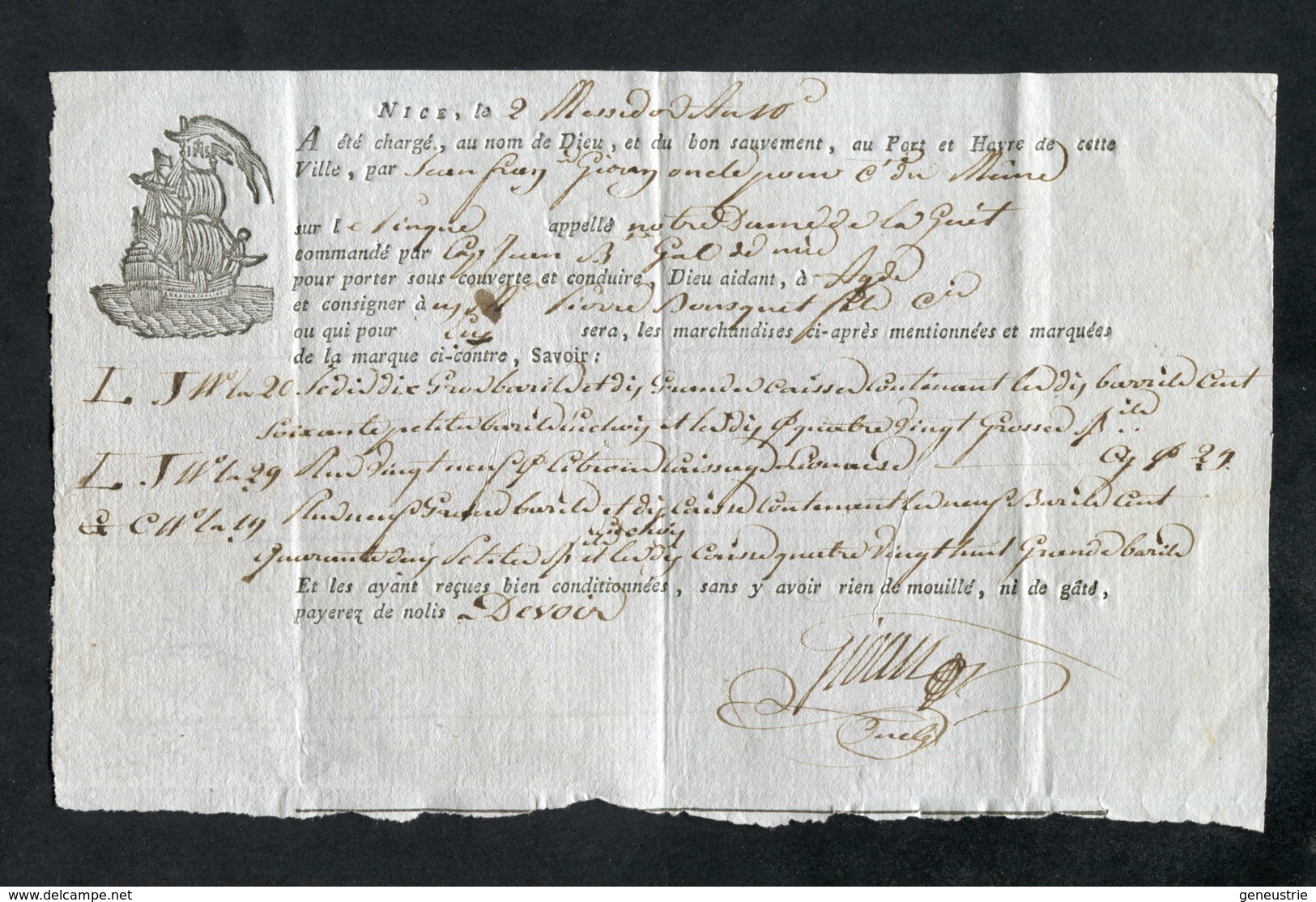 Connaissement - Lettre De Voiture Ou De Roulage An 10 - Nice Pour Agde (Hérault) - Bill Of Lading - 1800 – 1899