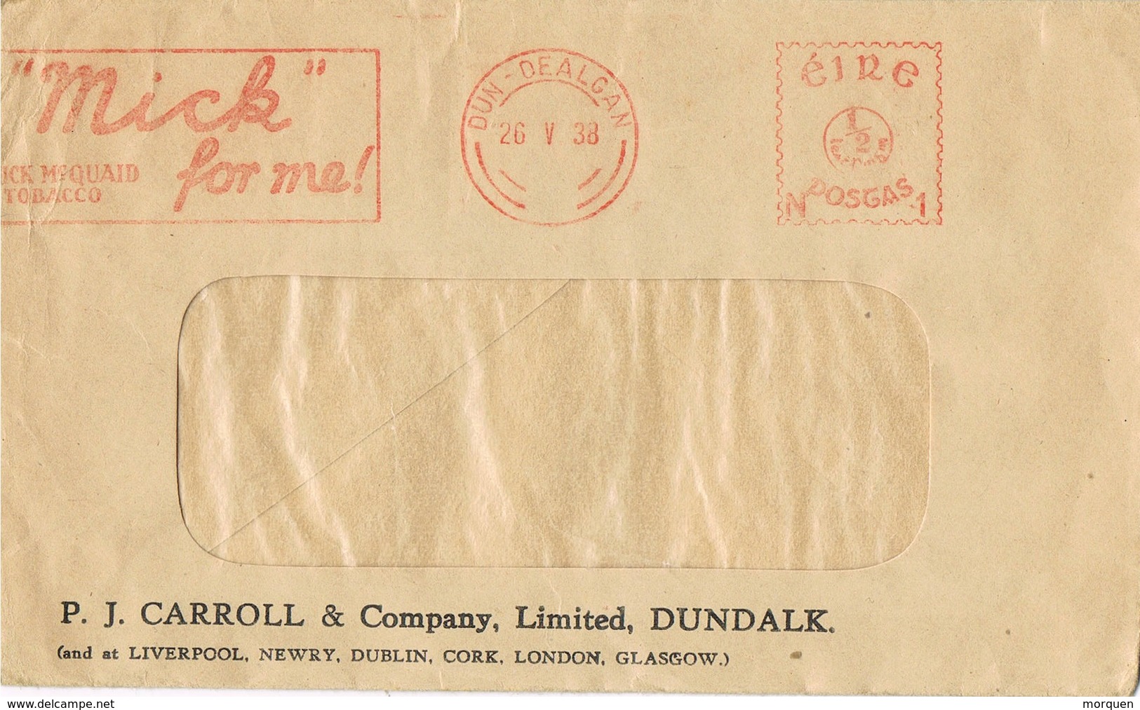 32605. Carta DUN DEALGAN (Dundalk)  Eire 1938. Franqueo Mecanico MICK Tobacco, Tabaco - Cartas & Documentos