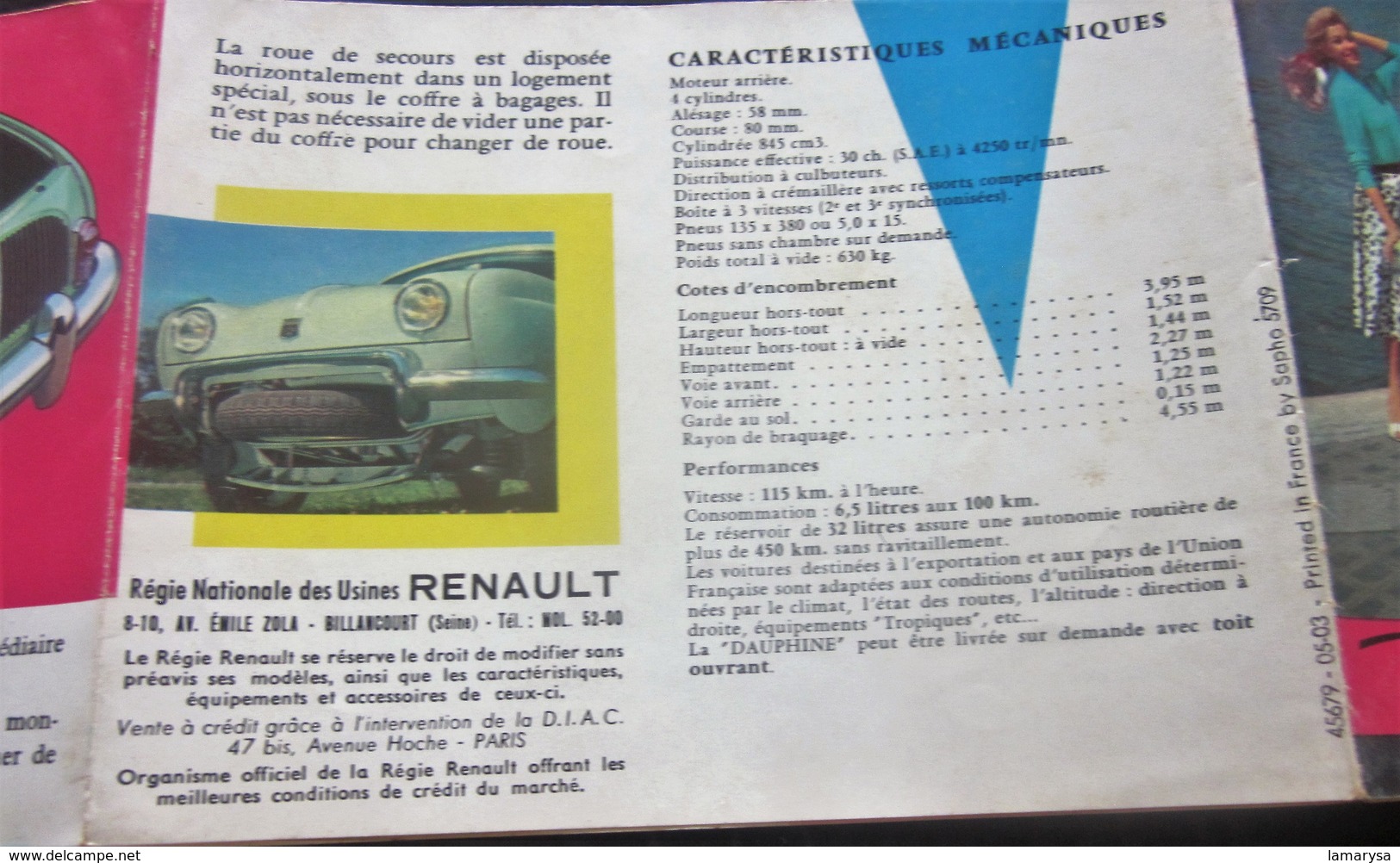 1960 DAUPHINE RENAULT DÉPLIANT PUBLICITAIRE Transports Voiture Automobile DAUPHINE RENAULT Autres collections