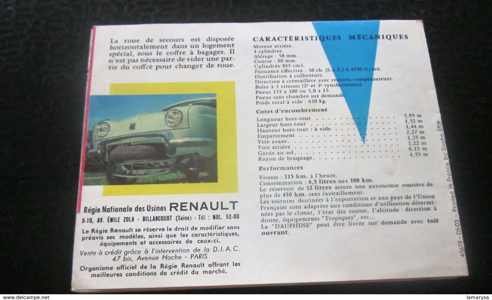 1960 DAUPHINE RENAULT DÉPLIANT PUBLICITAIRE Transports Voiture Automobile DAUPHINE RENAULT Autres collections