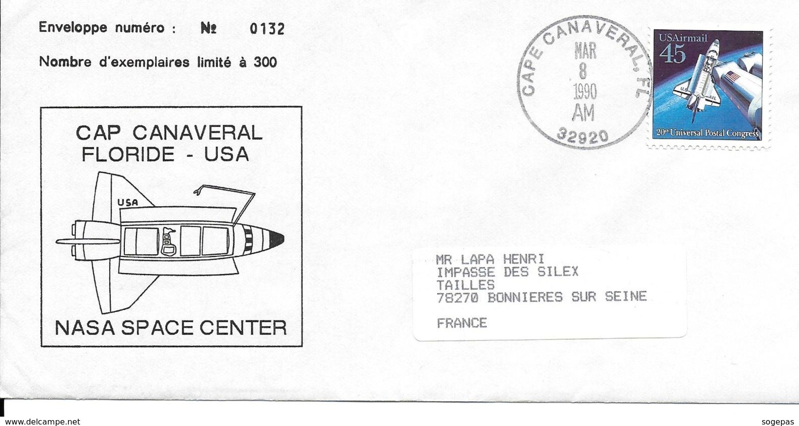 ENVELOPPE N° 132/300 ETATS UNIS 1990 CAP CANAVERAL FLORIDE  NASA SPACE CENTER - North  America
