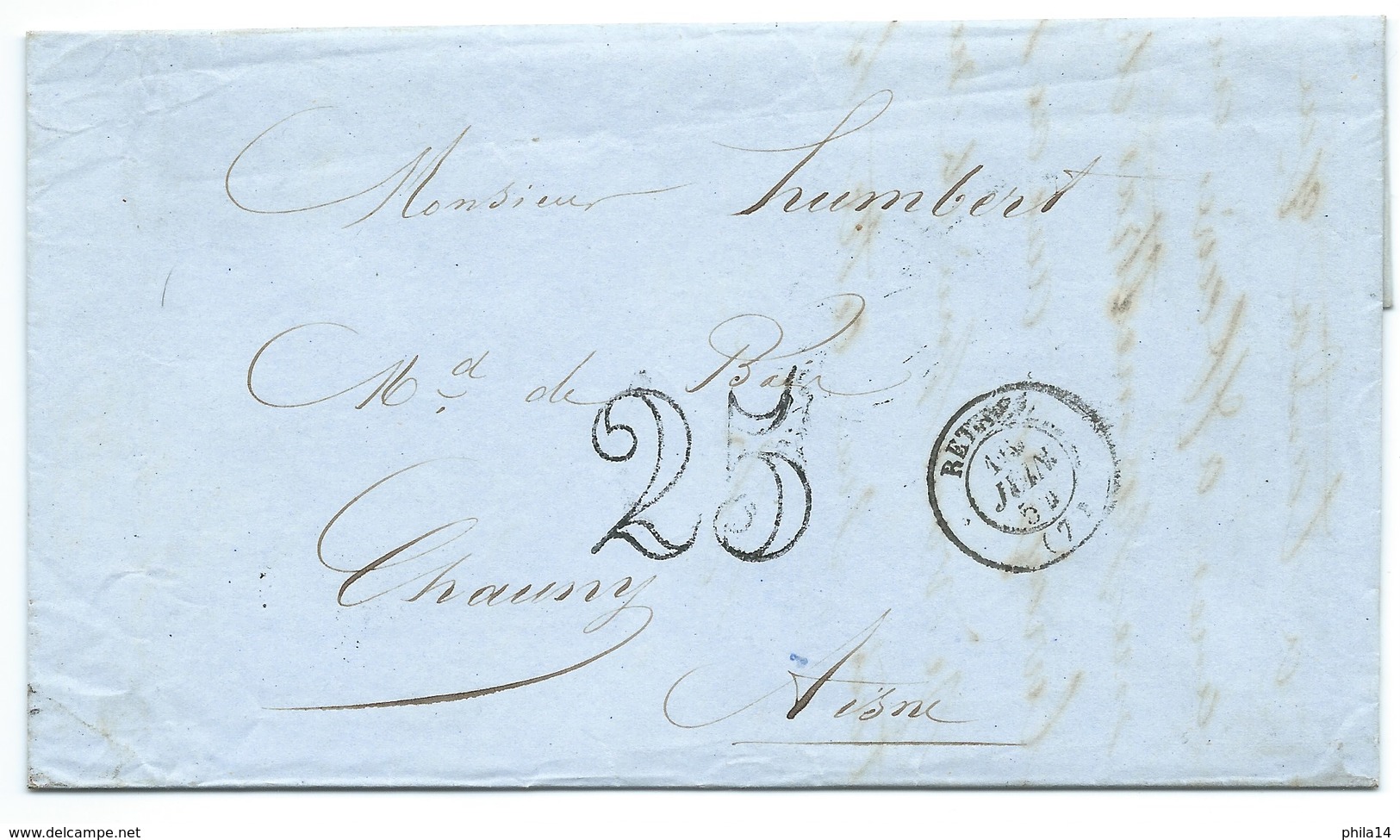 MARQUE POSTALE RETHEL ARDENNES / TAXE 25 DOUBLE TRAIT 1854 - 1849-1876: Période Classique