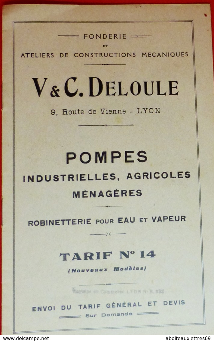 CATALOGUE POMPES INDUSTRIELLES,AGRICOLES MENAGERES-V&C DELOULE-LYON-TARIF - 1900 – 1949