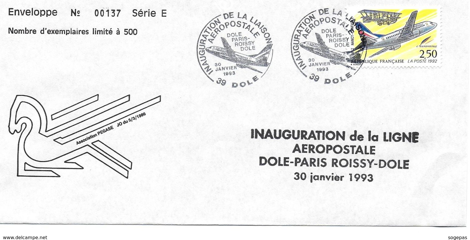 ENVELOPPE N°137 /500 FRANCE 1993 INAUGURATION DE LA LIGNE AÉROPOSTALE DOLE PARIS ROISSY DOLE - Other & Unclassified