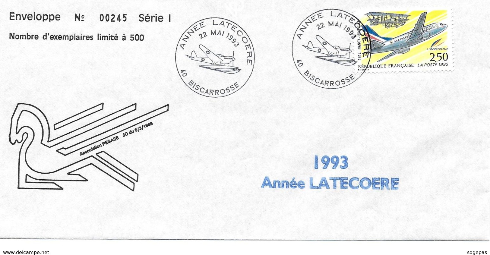 ENVELOPPE N°245 /500 FRANCE 1993 ANNÉE LATECOERE Créateur De La Ligne AÉROPOSTALE - Posta