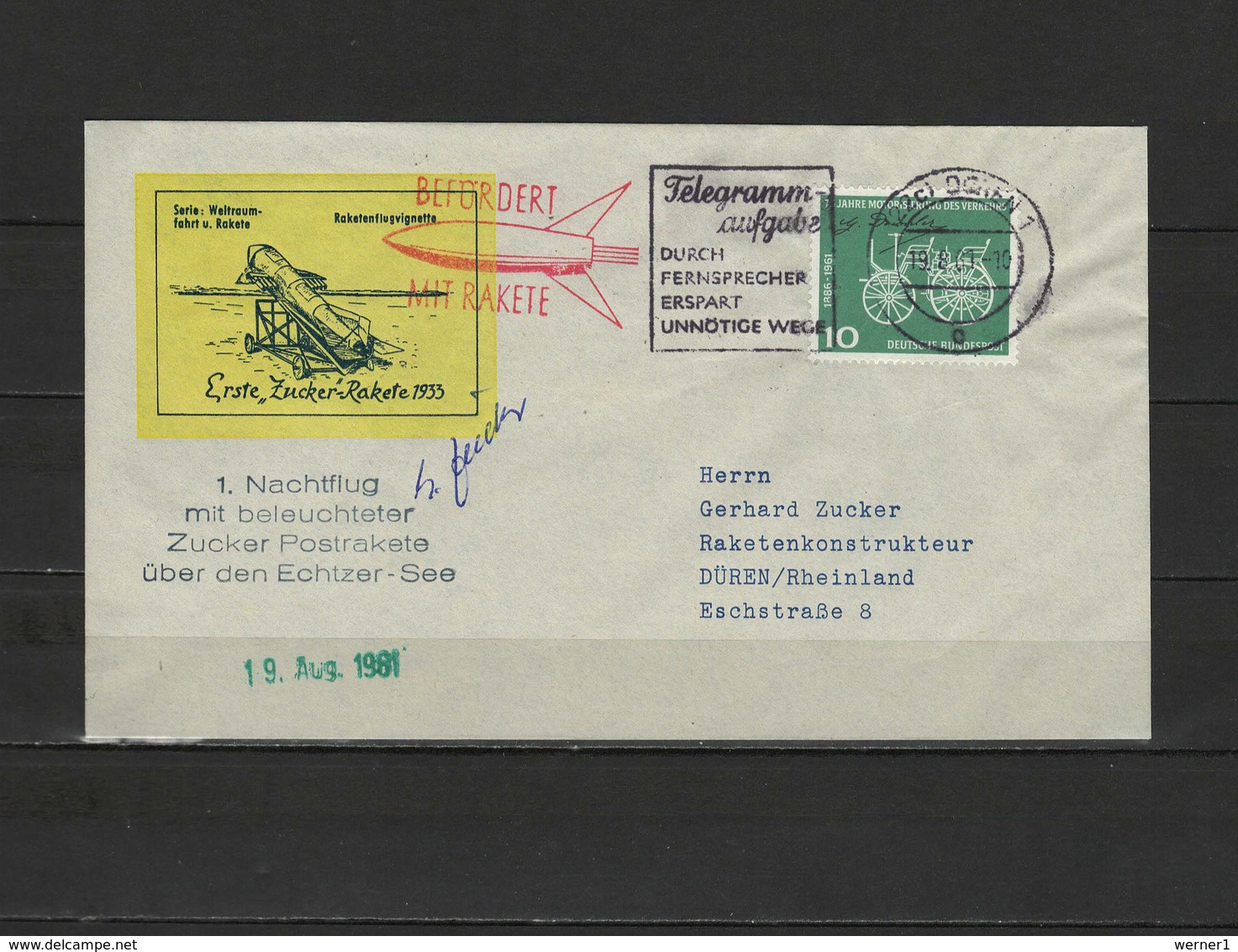 Germany 1961 Space, Rocket Mail Cover Carried With Rocket, Signature Of Gerhard Zucker - Europe