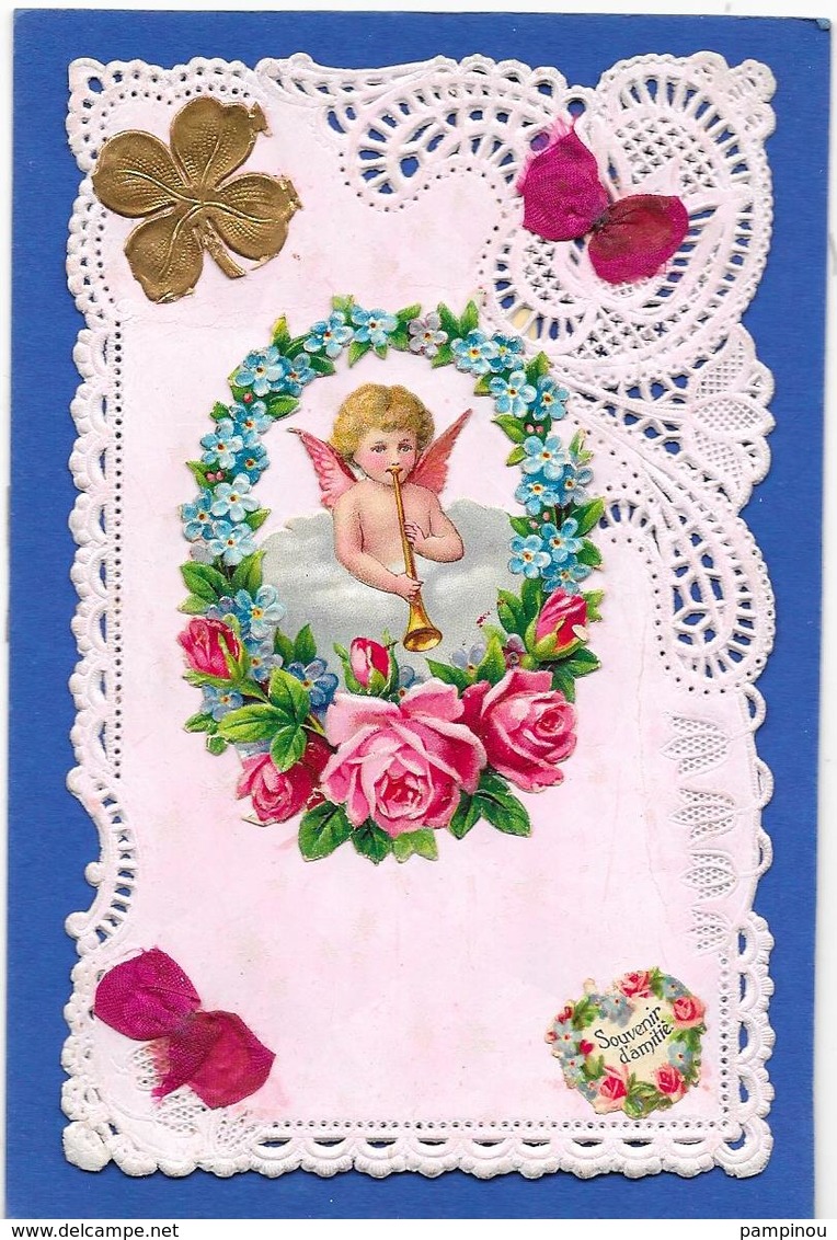 Carte Dentelée, Nacrée Décor De Découpis Ange, Fleurs, Rubans - Other & Unclassified