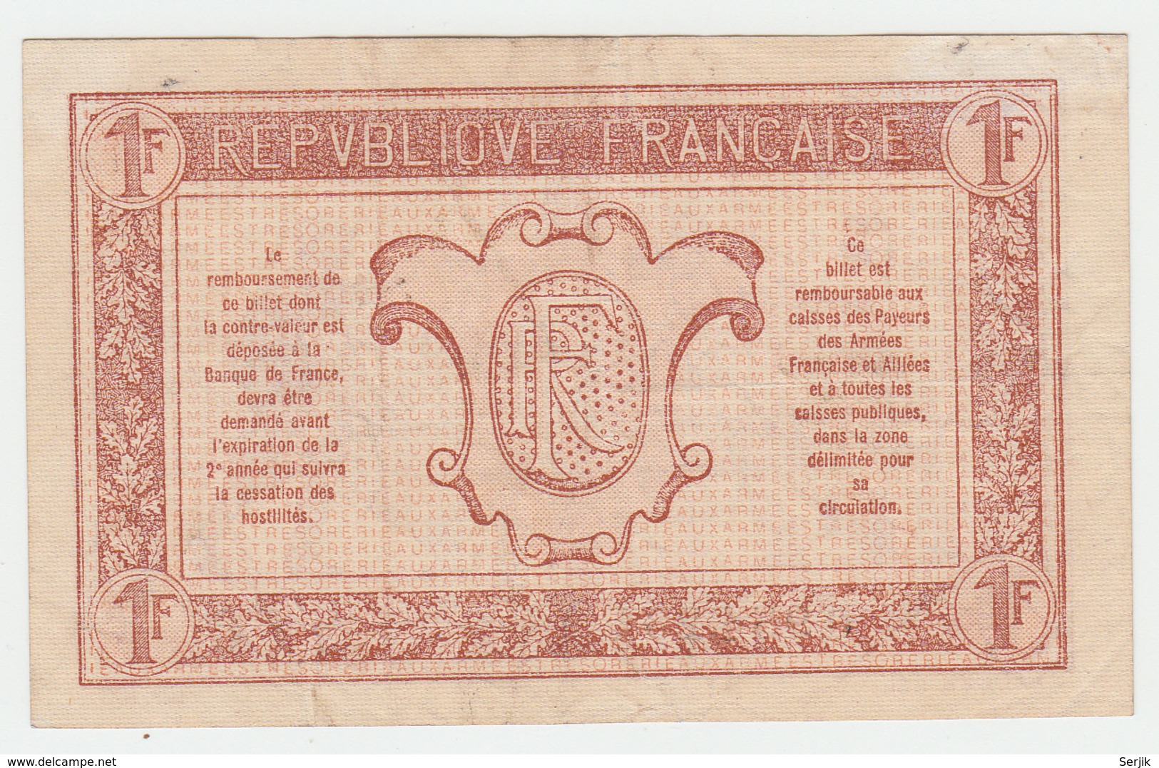 FRANCE 1 FRANC TRESORERIE AUX ARMEES 1917 VF+ Pick M2 - 1917-1919 Trésorerie Aux Armées