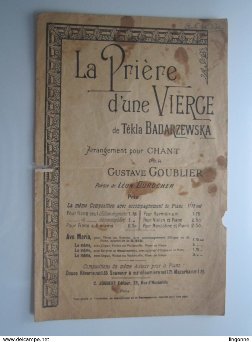 PARTITION LA PRIÈRE D'UNE VIERGE TEKLA BADARZEWSKA Gustave GOUBLIER Léon DUROCHER  17,5 X 27,5 Cm Env - Autres & Non Classés