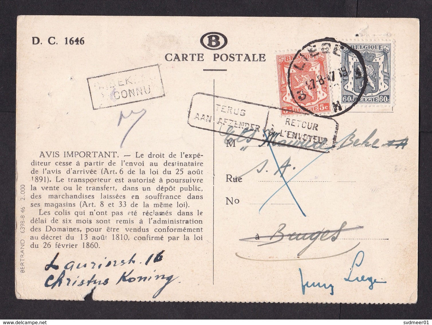 Belgium: Postcard, 1947, 2 Stamps, From Belgian Railways: Your Parcel Was Refused, Returned, Retour (minor Damage) - Brieven En Documenten