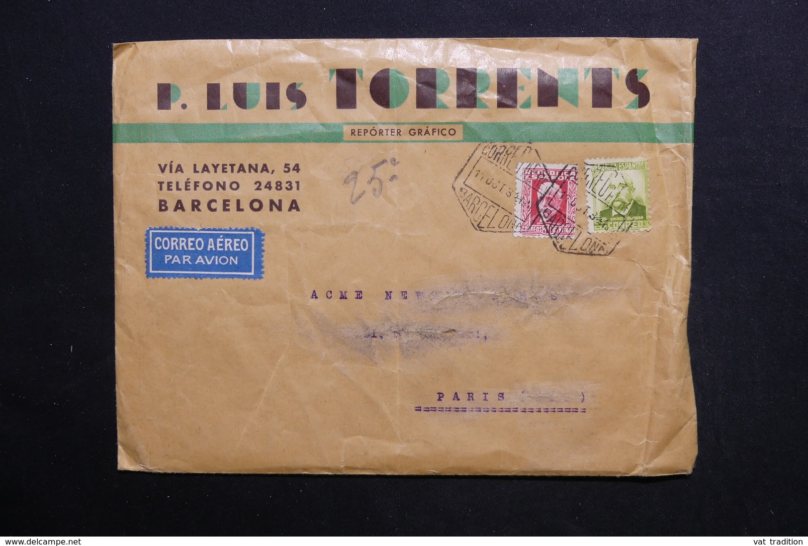ESPAGNE - Enveloppe Commerciale De Barcelone Pour Paris En 1934 - L 28784 - Briefe U. Dokumente