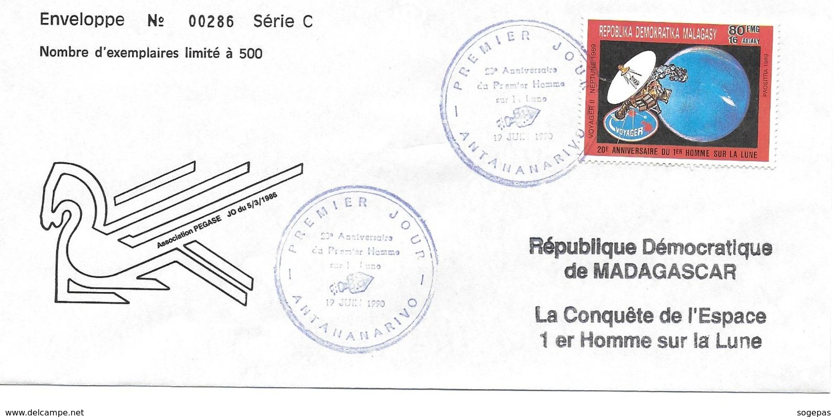 ENVELOPPE N°286/500 MADAGASCAR 1990 LA CONQUÊTE DE L'ESPACE 1er HOMME SUR LA LUNE - Africa