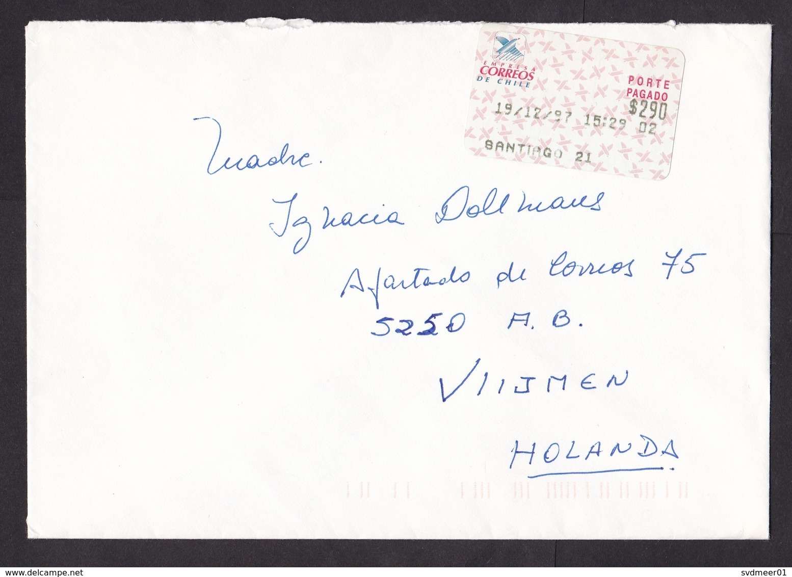 Chile: Cover To Netherlands, 1997, ATM Machine Label, $290, Santiago 21 (minor Damage) - Chili