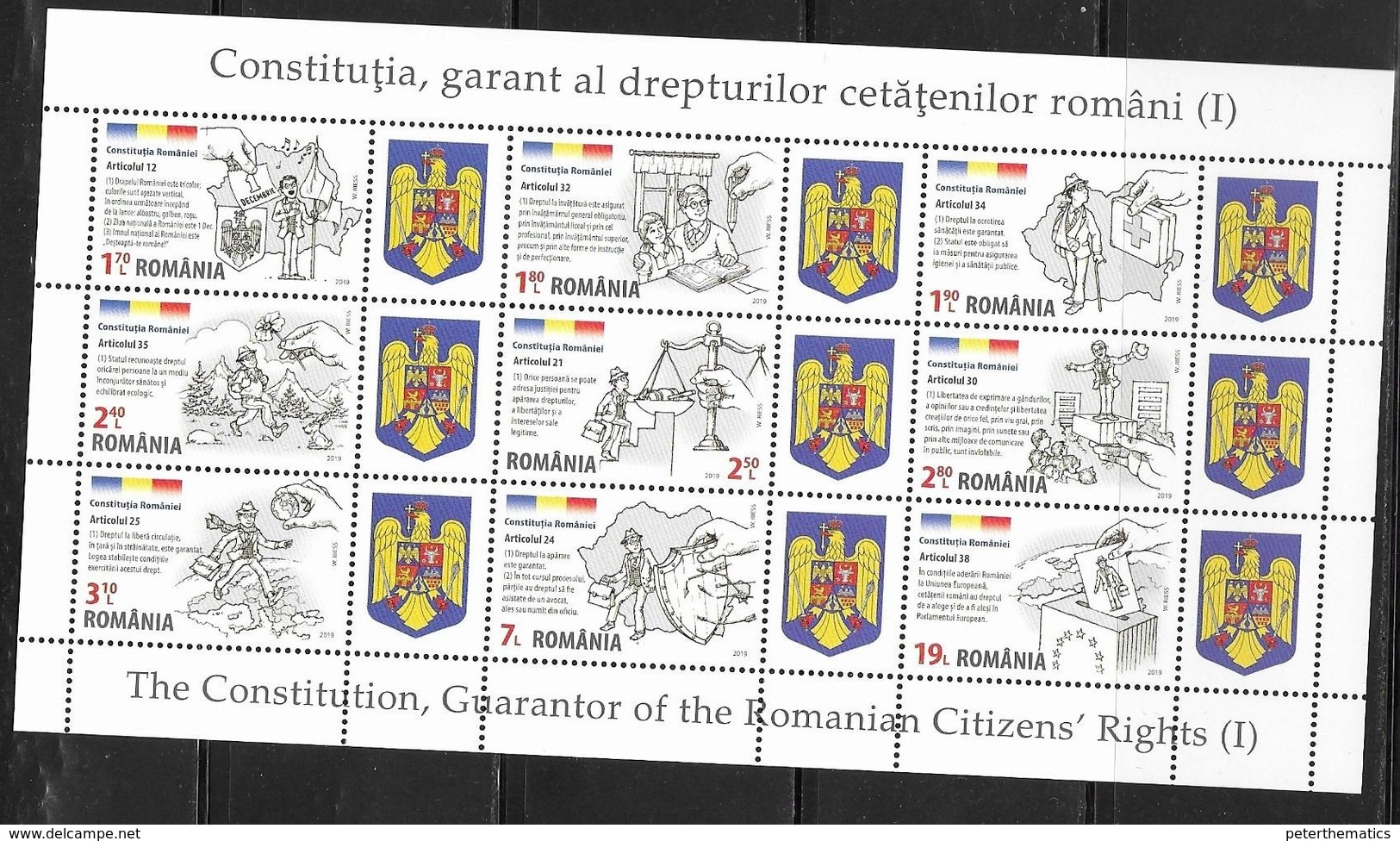 ROMANIA, 2019, MNH, CONSTITUTION, GUARANTOR OF RIGHTS, ELECTIONS, MOUNTAINS, HEALTH, EDUCATION,  SLT OF9v - Non Classificati