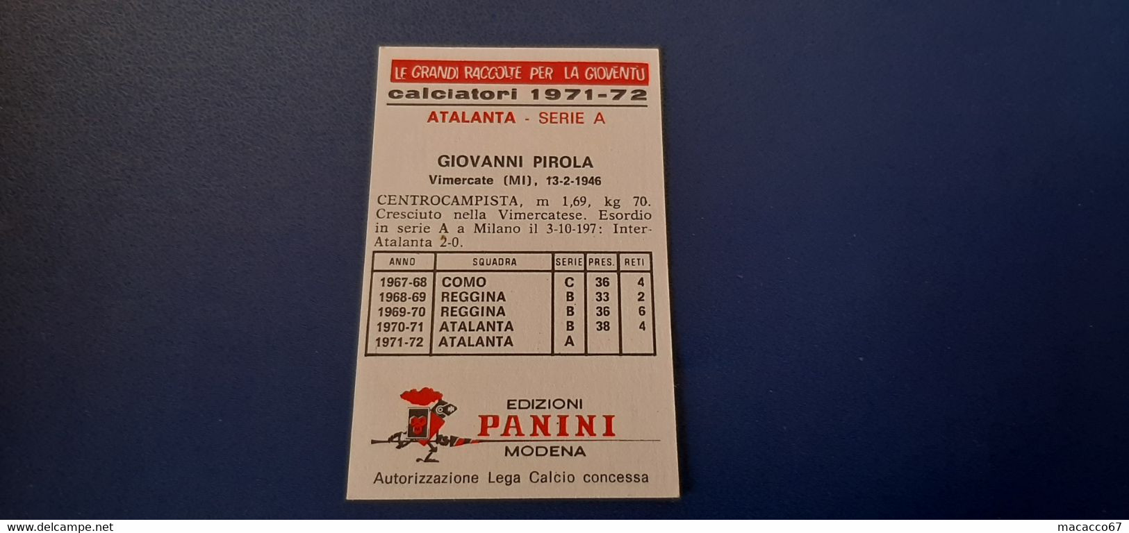 Figurina Calciatori Panini 1971/72 - Pirola Atalanta - Edizione Italiana