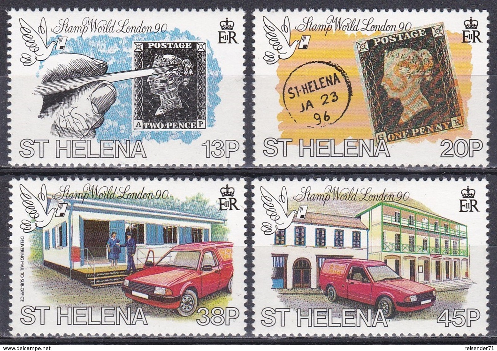 St. Helena 1990 Postgeschichte Philatelie Philately STAMP WORLD LONDON Ausstellung Exhibition Post, Mi. 526-9 ** - St. Helena