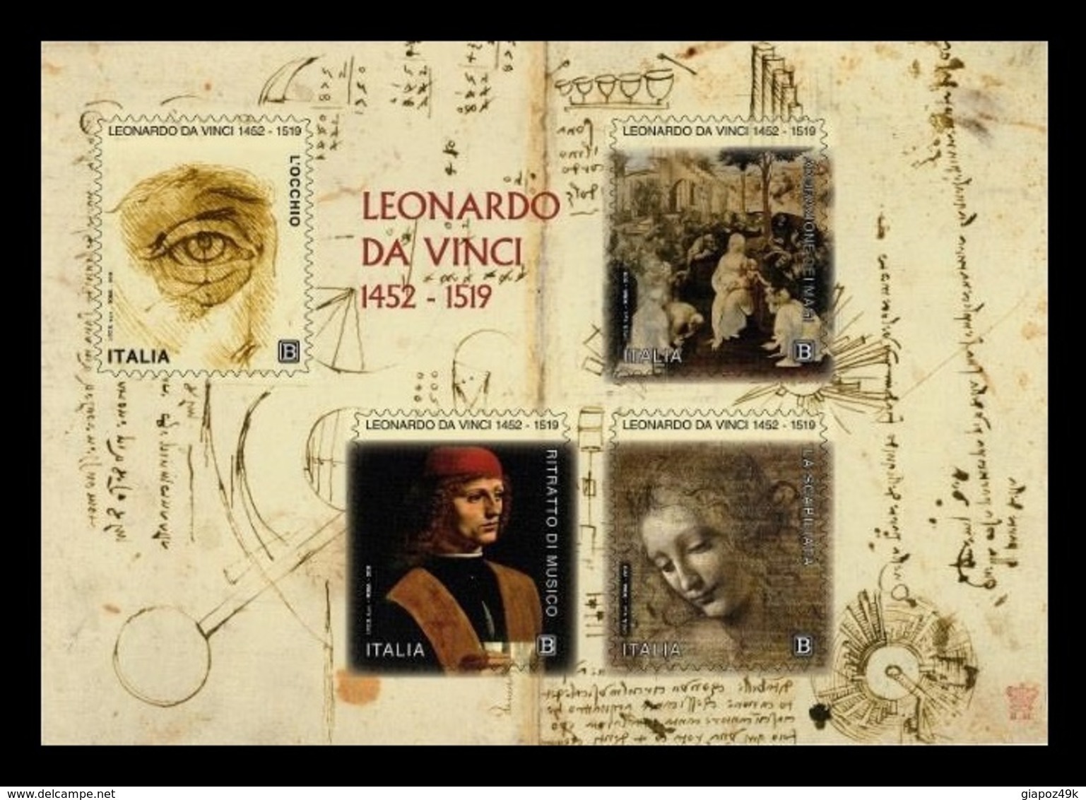 ITALIA  2019 - Leonardo Da Vinci, Nel V Centenario Della Scomparsa - Foglietto Grande Adesivo - Blokken & Velletjes