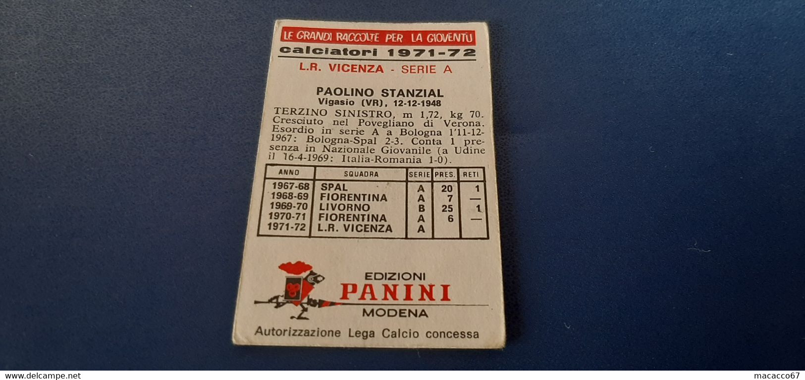 Figurina Calciatori Panini 1971/72 - Stanzial Lr Vicenza - Edizione Italiana