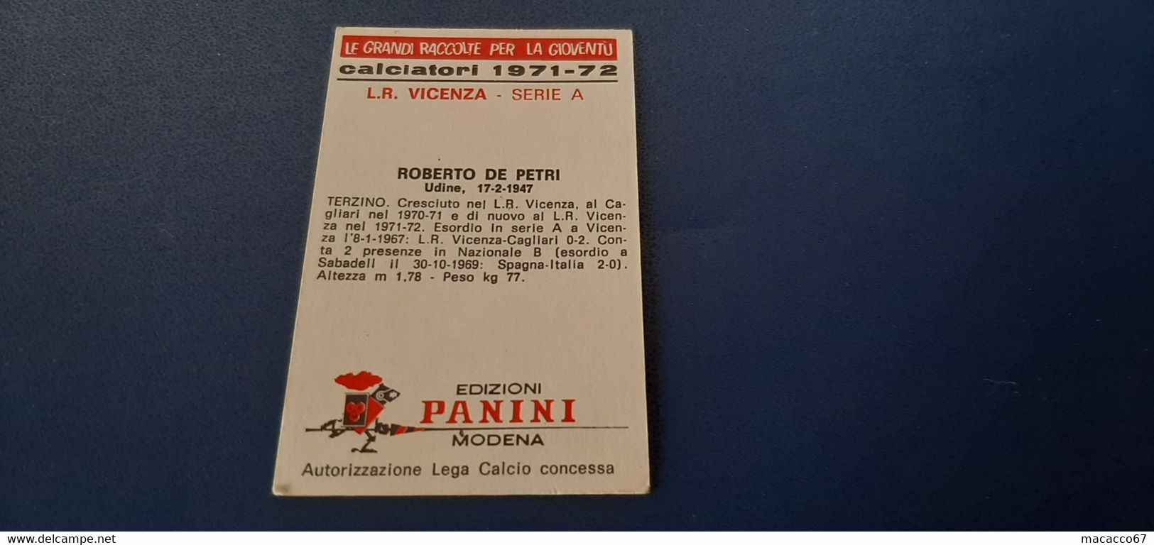 Figurina Calciatori Panini 1971/72 - De Petri Lr Vicenza - Edizione Italiana