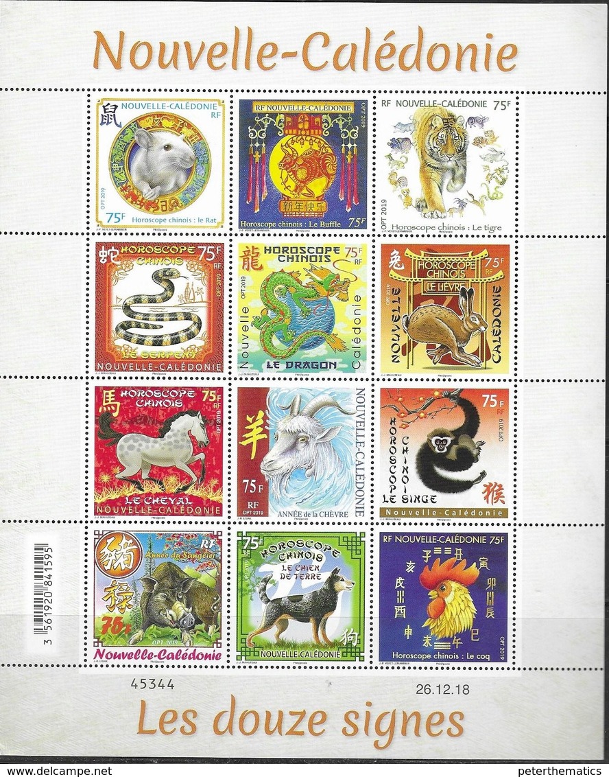 NEW CALEDONIA, 2019, CHINESE NEW YEAR, SNAKES, MONKEYS, DOGS, TIGERS, HORSES, SHEETLET OF 12v - Chines. Neujahr