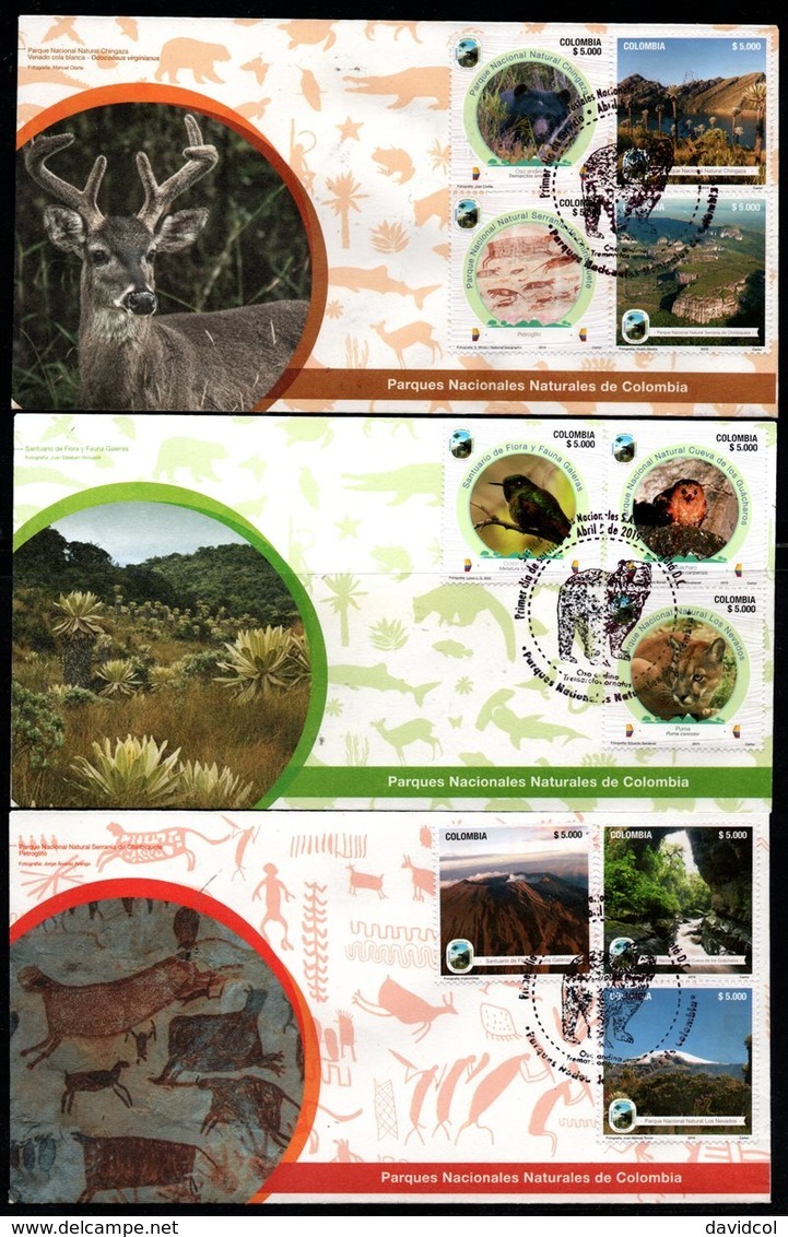 COLOMBIA- KOLUMBIEN- 2019 FDC/SPD. SET X 3 -COLOMBIAN NATIONAL  NATURAL PARKS - BEAR,BIRDS, PUMA, ARCHAEOLOGY - Colombia