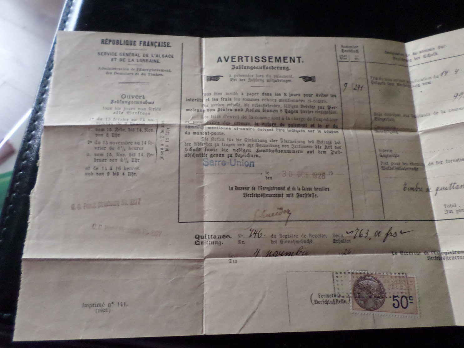 Timbre Fiscal Bas Rhin Sarre Union  Facture Scirie Alsace Lorraine - 1900 – 1949