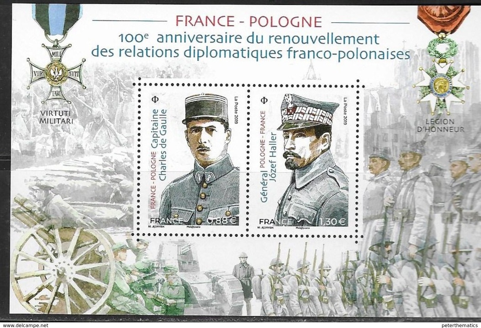 FRANCE, 2019, MNH, JOINT ISSUE WITH POLAND, DIPLOMATIC RELATIONS, WWI, DE GAULLE,  JOZEF HALLER, MILITARY, SHEETLET. - Emissioni Congiunte