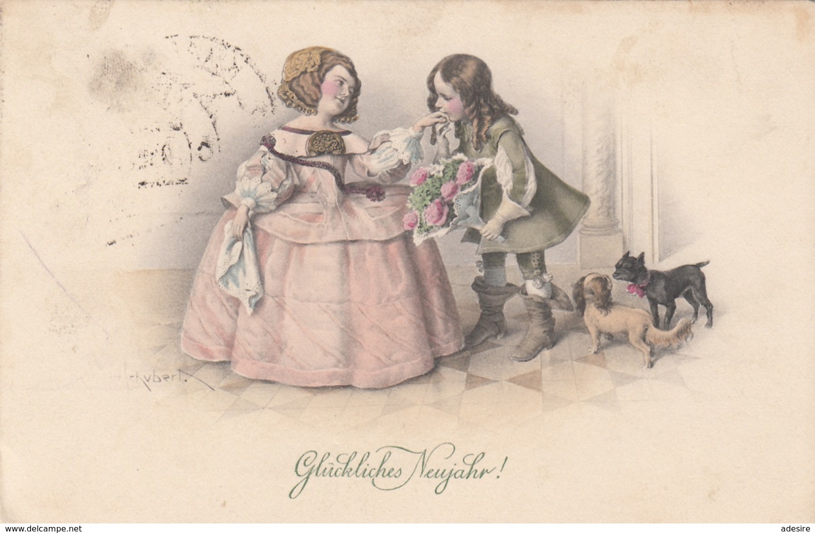 GLÜCKLICHES NEUJAHR - Bub, Mädchen, Hunde, Künstlerkarte M.M.VIENNE, Gel.1916?, Jugoslawische Sondermarke Mit Überdruck - Neujahr