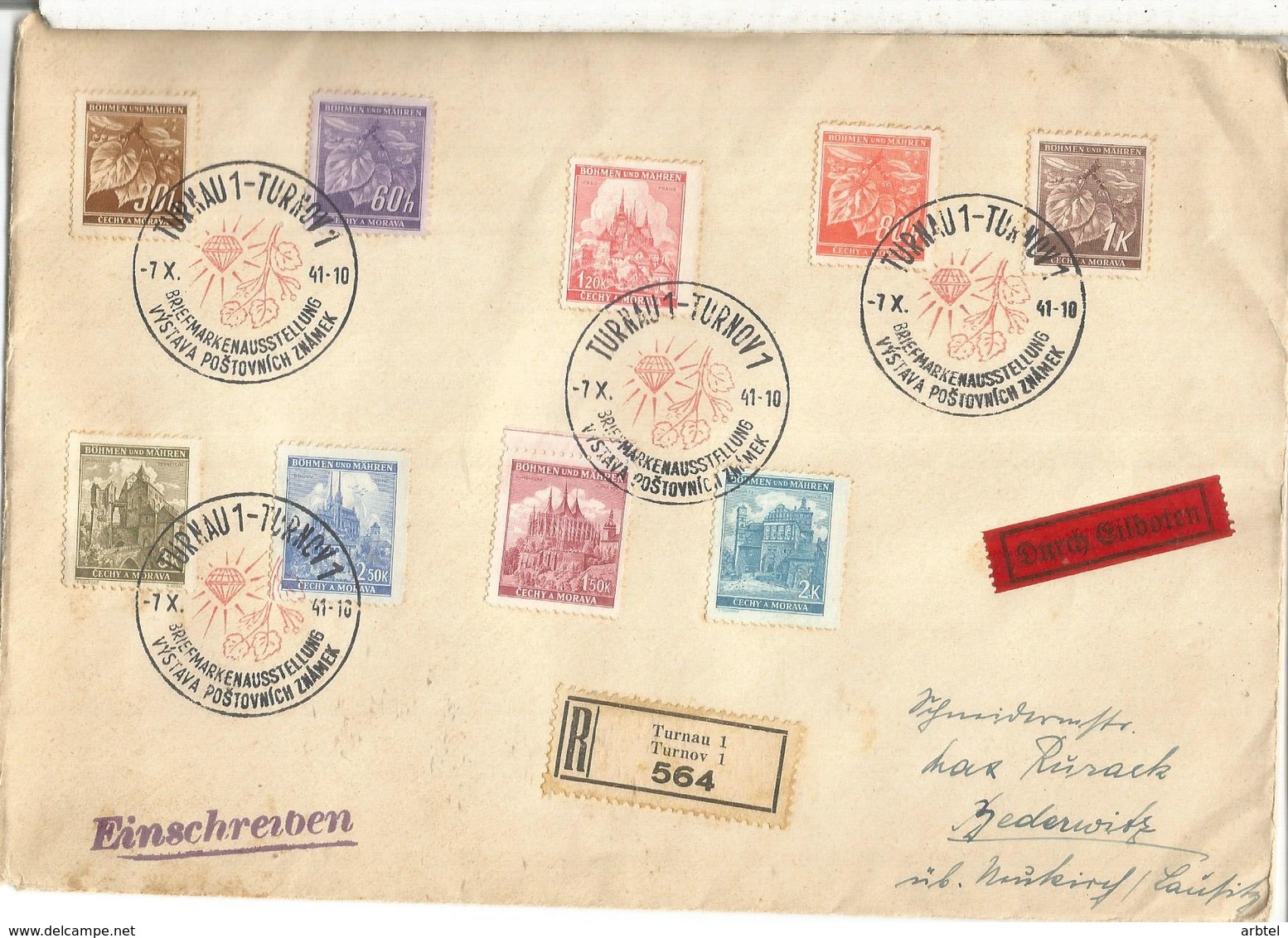 BOHEMIA Y MORAVIA TURNAU TURNOV 1941 CC CERTIFICADA EXPOSICION FILATELICA DIAMANTE DIAMOND - Cartas & Documentos