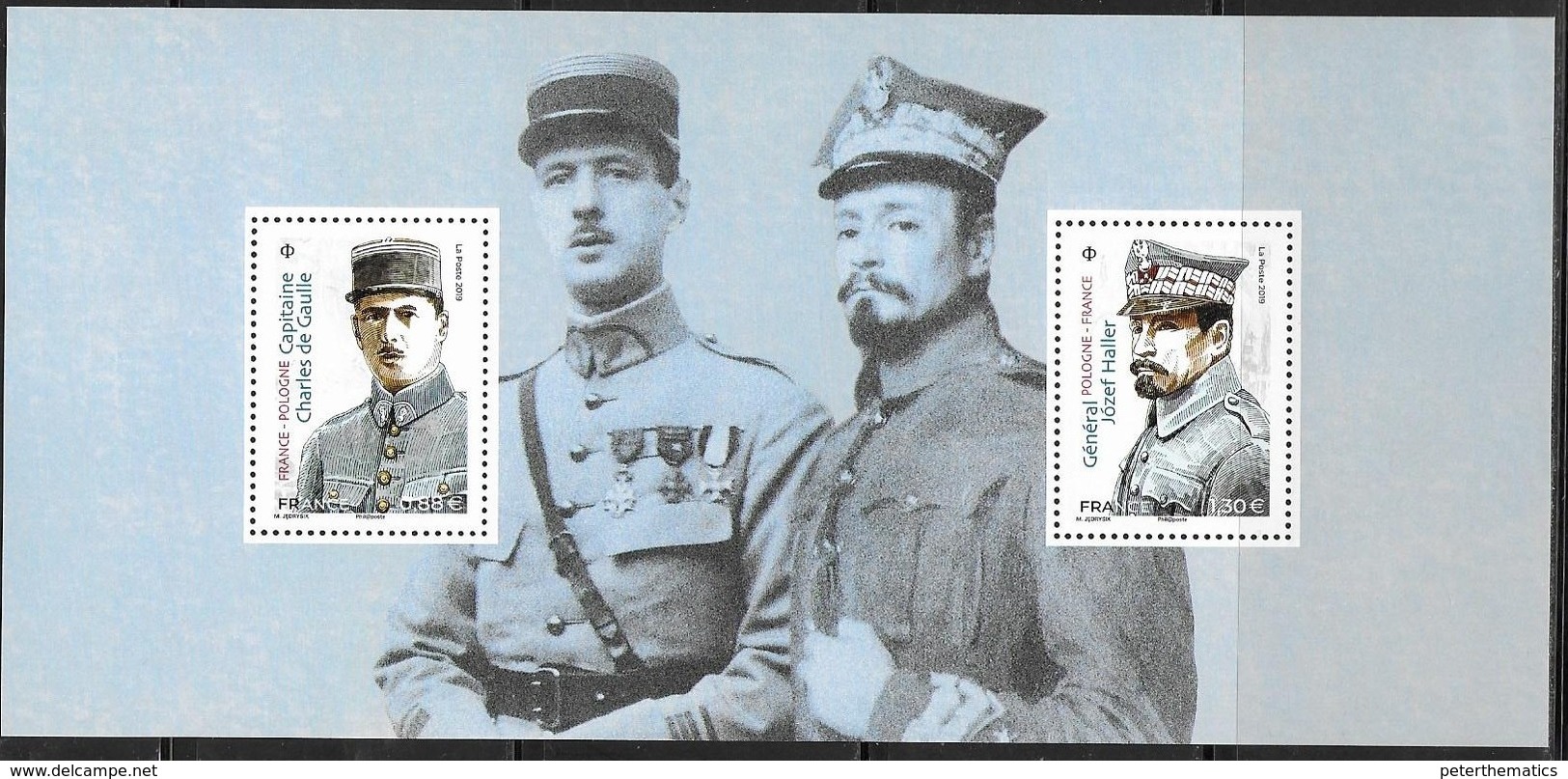 FRANCE, 2019, MNH, JOINT ISSUE WITH POLAND, WWI, DE GAULLE,  JOZEF HALLER, MILITARY, SPECIAL SHEETLET. - Joint Issues