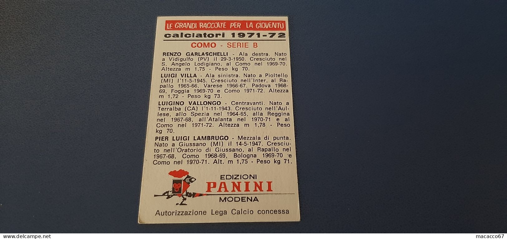 Figurina Calciatori Panini 1971/72 - Garlaschelli Como - Edizione Italiana